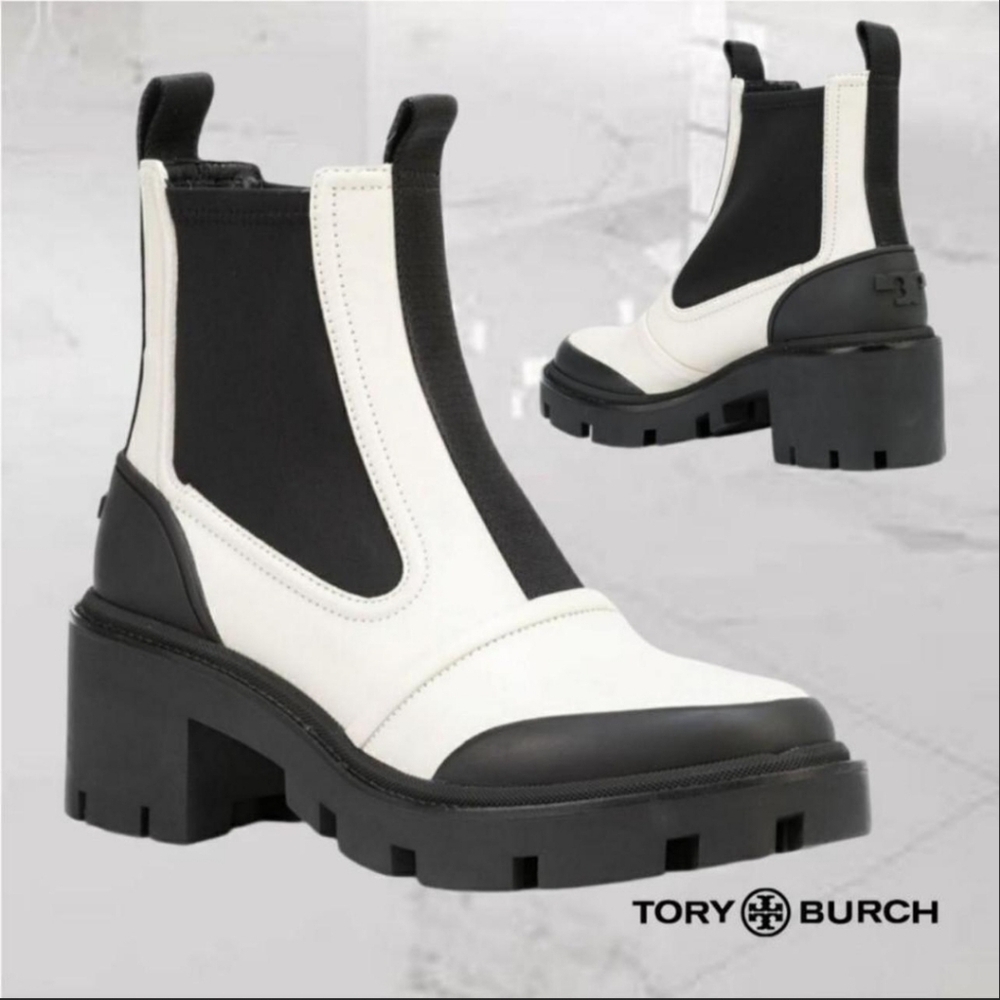 Tory Burch Chelsea Lug Sole Heeled Ankle Booties Ivory Black Leather